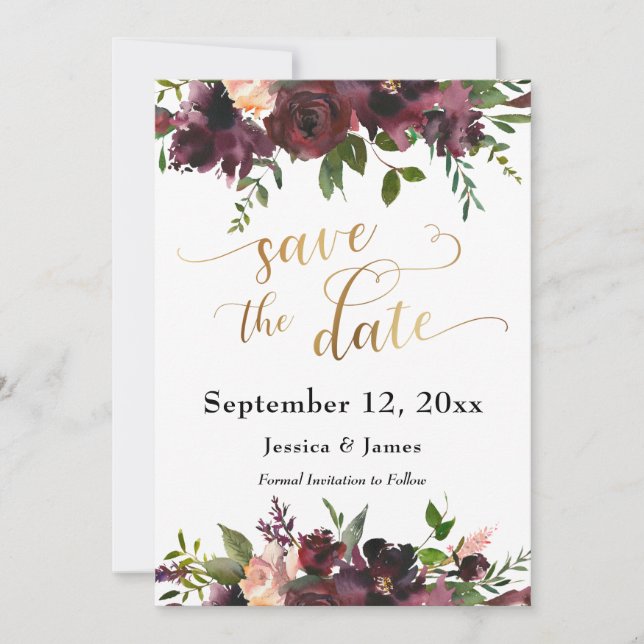 Save The Date Deep Red Burgundy Floral Gold Enregistrer le scrip (Devant)