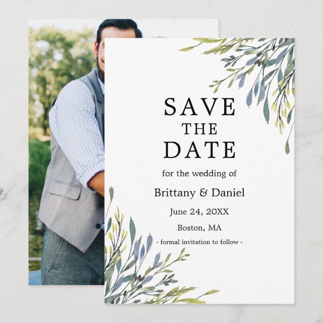 Save The Date Délicat aquarelle Botanique de la verdure Photo (Devant / Derrière)