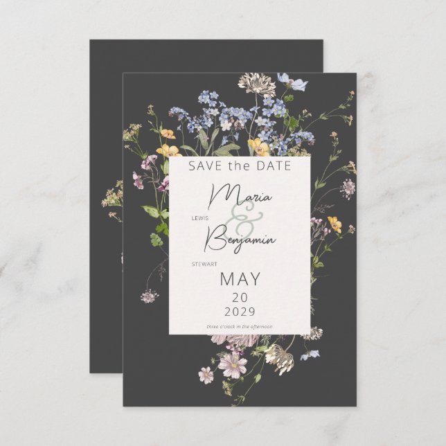 Save The Date Délicat Boho Fleur sauvage Mariage de charbon (Devant / Derrière)