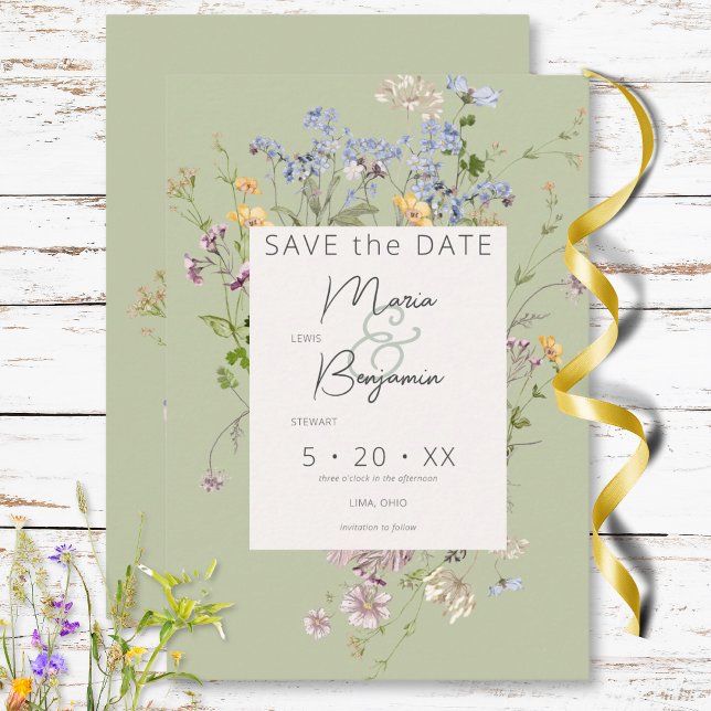 Save The Date Délicat Fleur sauvage Boho Mariage vert (Delicate Boho Wildflowers Green Wedding Save The Date)