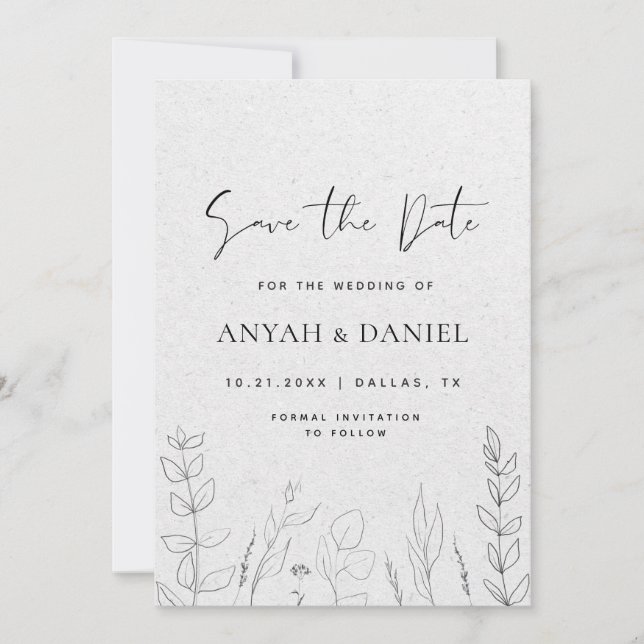 Save The Date Délicat Flore Dessiné Art noir Blanc Kraft (Devant)