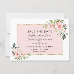 Save The Date Délicat rose Fleurs blanches Mariage de trame or
