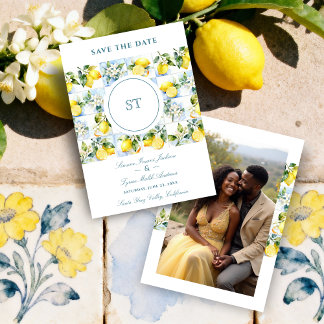 Save The Date Delicate Lemon Branch and Flowers Tiles Wedding
