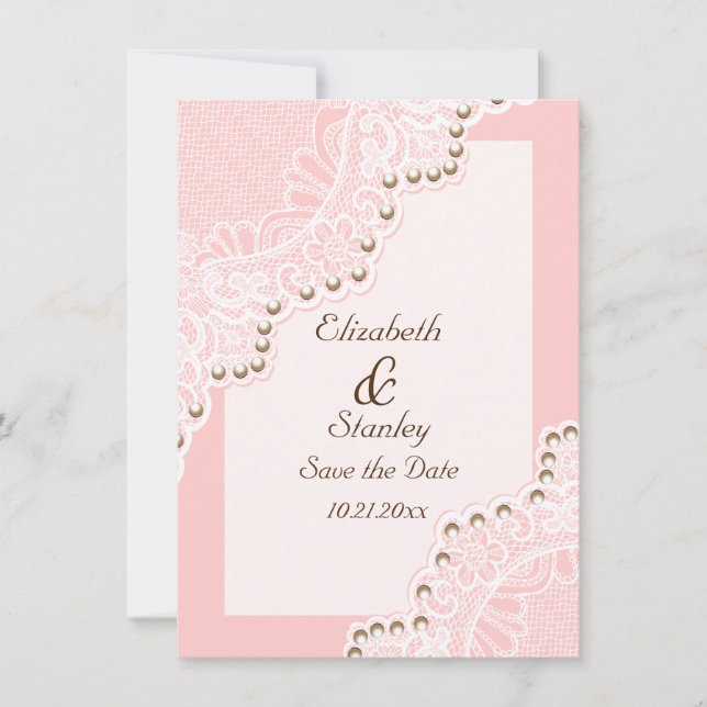 Save The Date Dentelle blanche avec perles mariage rose Enregist (Devant)