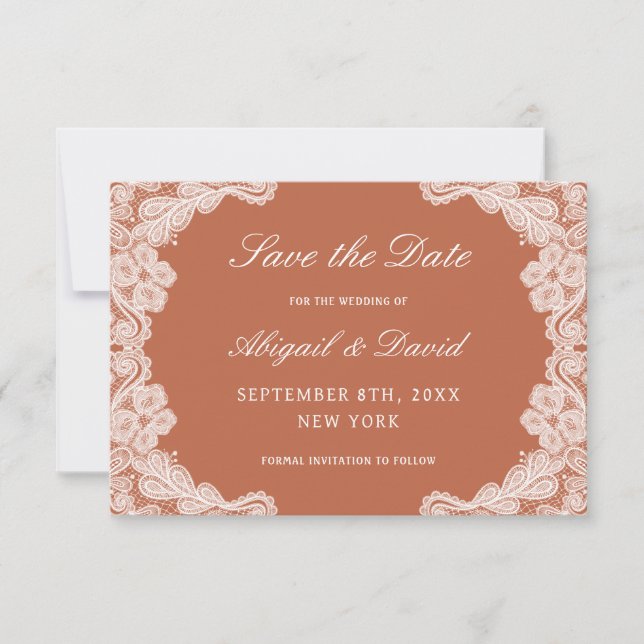 Save The Date Dentelle blanche sur mariage en terre cuite Enregi (Devant)