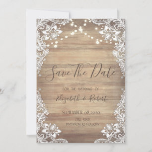 Save The Date Dentelle Blanche, Texture Bois, Lumières Enregistr