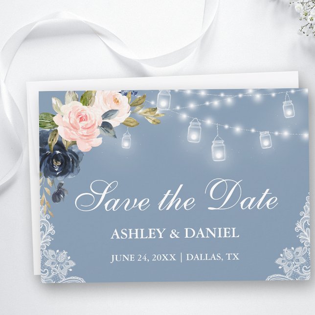 Save The Date Dentelle bleu rose pâle (Customize to change text size, style or to add more text to back of card.)