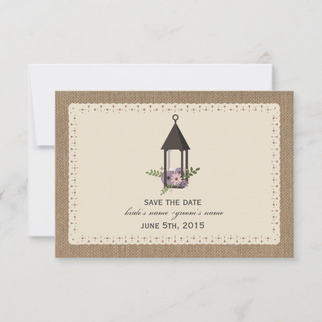 Save The Date Dentelle Burlap Inspiré Lanterne Florale Enregistr (Devant)