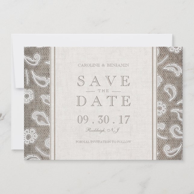 Save The Date Dentelle burlap mariage campagnard rustique enregi (Devant)