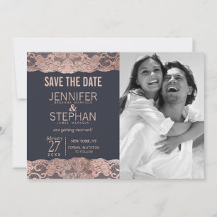 Save The Date Dentelle d'or rose et bleu marine Sauvez les dates