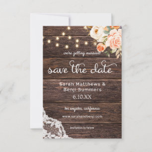 Save The Date Dentelle en bois, lumières, broussailles et bracel