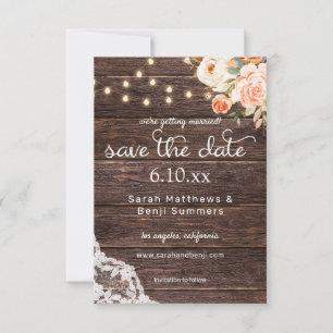 Save The Date Dentelle en bois, lumières, broussailles et broyag