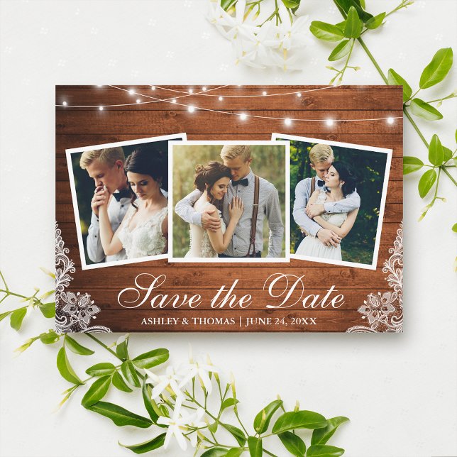 Save The Date Dentelle en bois rustique 3 Photo Enregistrer la c (Customize to add more text or more photos to back of card.)