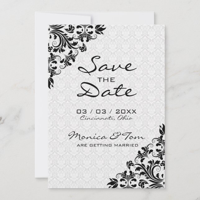 Save The Date Dentelle Florale Noire Et Damas (Devant)