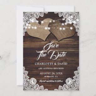 Save The Date Dentelle rustique en bois de pays Obtenir Mariage 