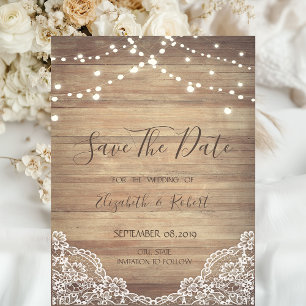 Save The Date Dentelle, Texture de Bois, Guirlandes de Lumineuse