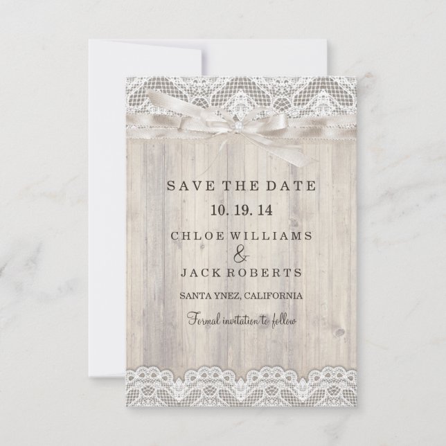 Save The Date Dentelle Vintage Rustique & Mariage En Bois Enregi (Devant)