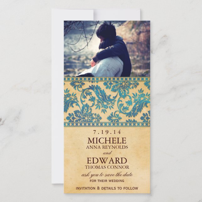 Save The Date Dentelle vintage Sky Blue Damask Enregistrer la da (Devant)