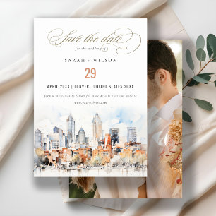Save The Date Denver Colorado Skyline Watercolor Mariage Photo