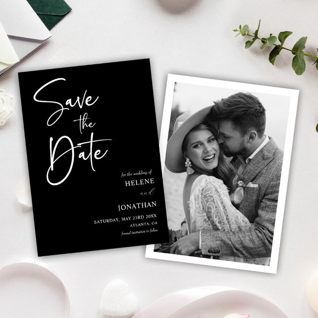 Save The Date Design Élégant Simple Script Noir Et Blanc Photo (Modern Elegant Simple Script Black And White Photo Save The Date)