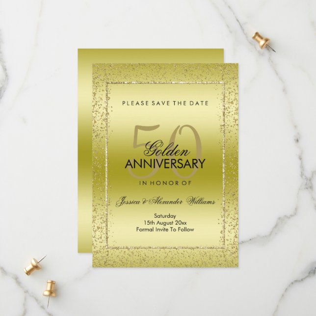 Save The Date Design Gold Confetti 50e Mariage (Devant/Arrière en situation)