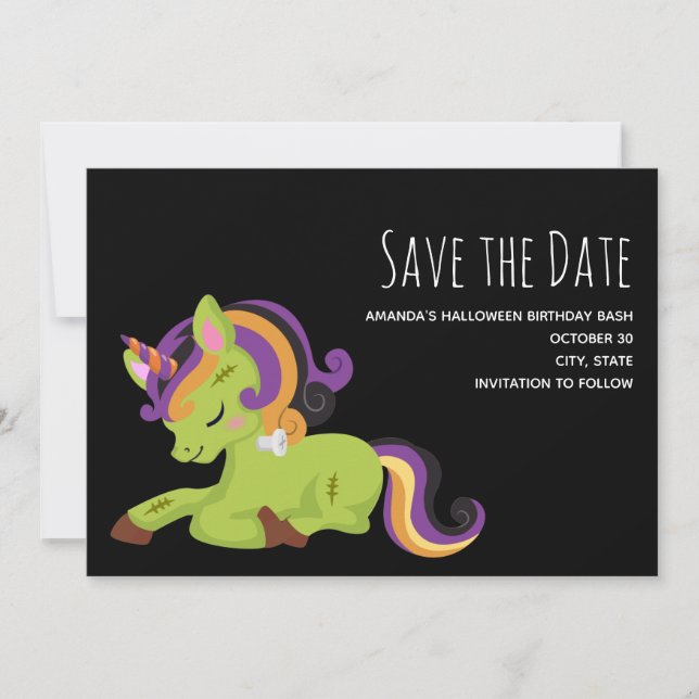 Save The Date Dessin d'Halloween de Cute Frankenstein Unicorn (Devant)
