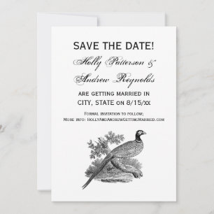 Save The Date Dessin en noir et blanc d'un faisan ancien gibier 