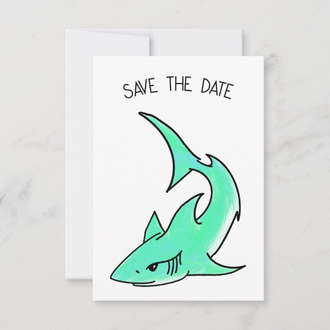 Save The Date dessin souriant requin menthe bleu vert océan anim (Devant)
