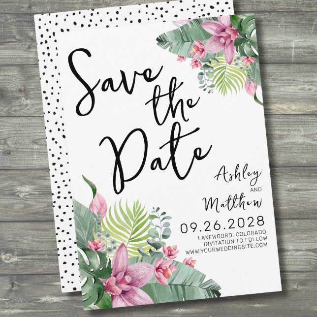 Save The Date Destination de Plage Mariage Tropical (Pink Green Palm Watercolor Tropical Floral Wedding Save The Date)