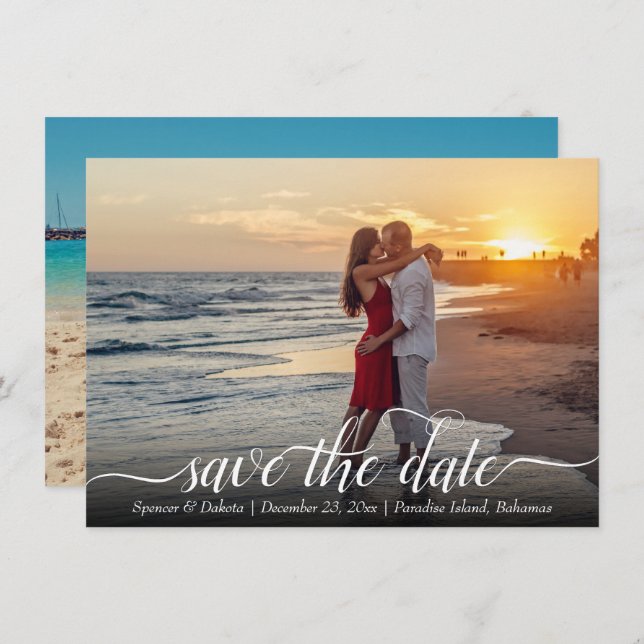 Save The Date Destination Mariage manuscrit moderne 2 photo (Devant / Derrière)