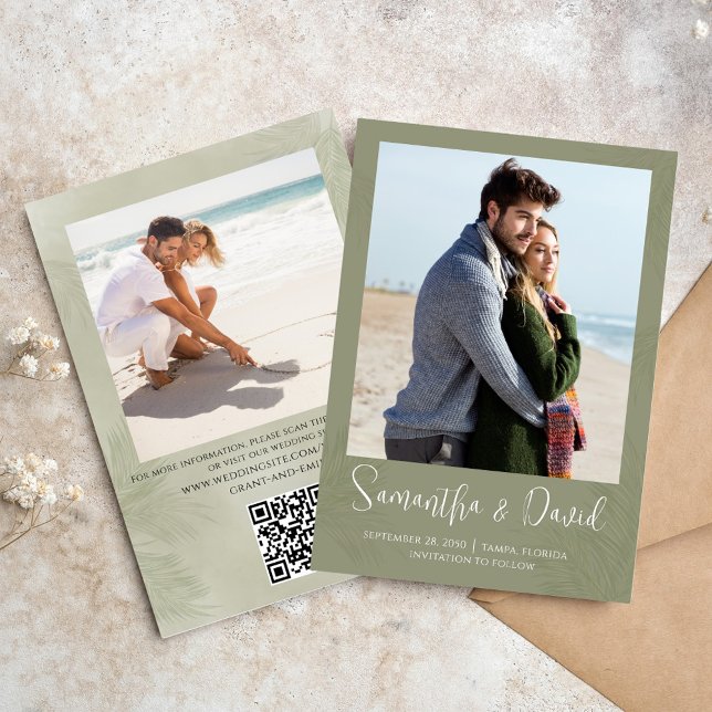 Save the Date Destination Photo Elegant Palm Leave (Elegant green palm leaves photo save the date card. With a scannable QR Code. )