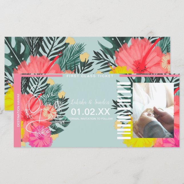 Save the Date Destination Ticket Hibiscus Floral (Front/Back)