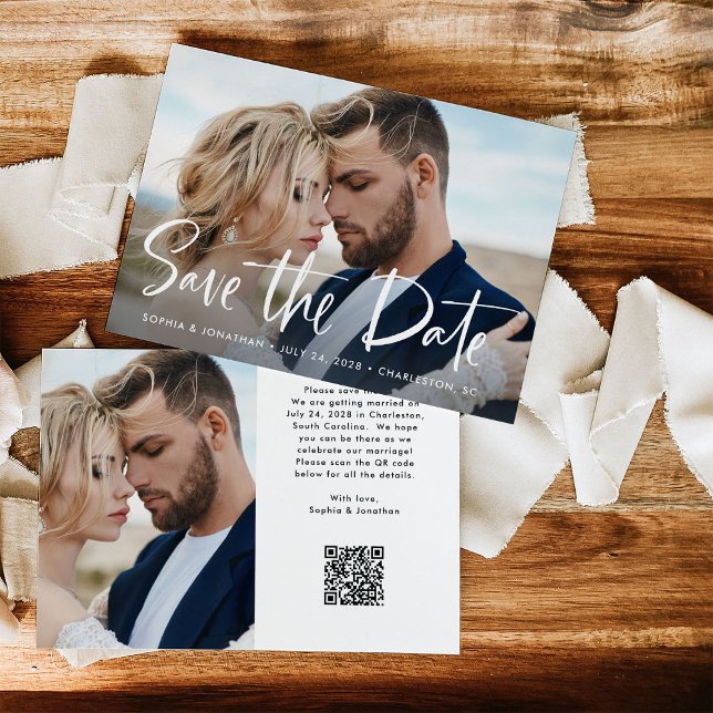 Save The Date Deux photos et code QR | Script moderne (Créateur téléchargé)