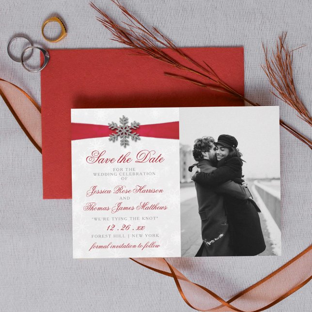 Save The Date Diamante Flocon de neige et Ruban rouge Mariage d' (Créateur téléchargé)