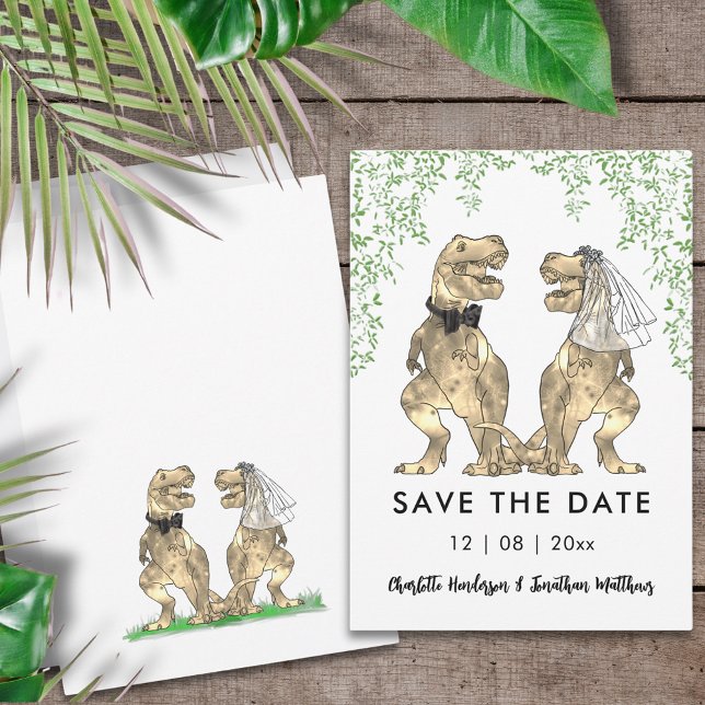 Save The Date Dinosaur Dinosaur Mariage à thème (Funny dinosaur themed wedding save the date invitation with T-Rex bride and groom Jurassic foliage )