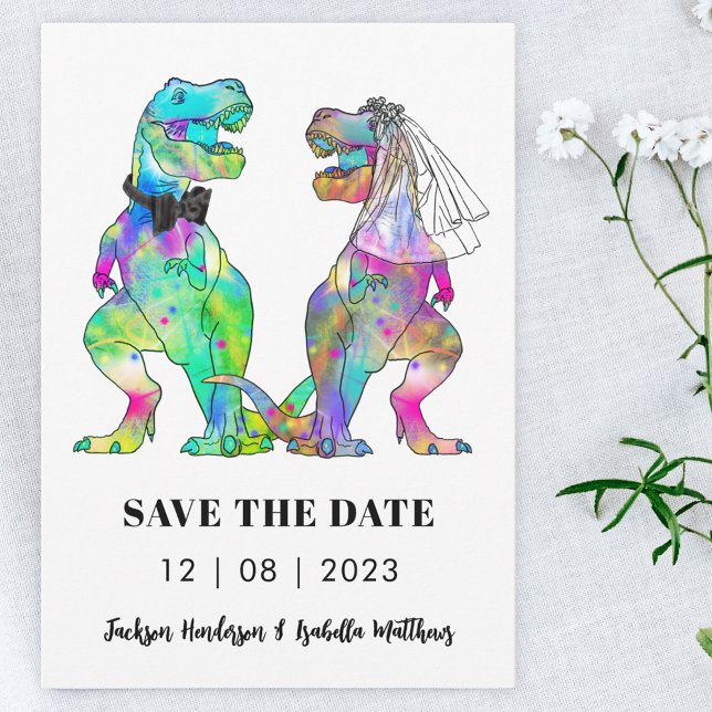 Save The Date Dinosaur Mariage à thème (Dinosaur bride and groom wedding save the date invitation funny colorful T-Rex )