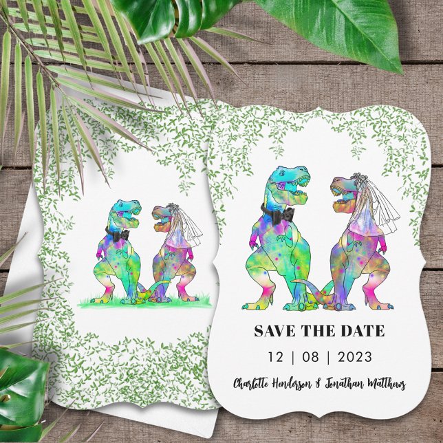 Save The Date Dinosaur Mariage à thème (Dinosaur wedding save the date invitation with colorful T-Rex bride & groom Jurassic jungle foliage )