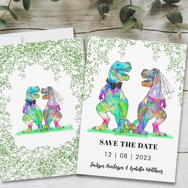 Save The Date Dinosaur Mariage à thème amusant (Funny dinosaur wedding save the date invitation with colorful T-Rex bride and groom )