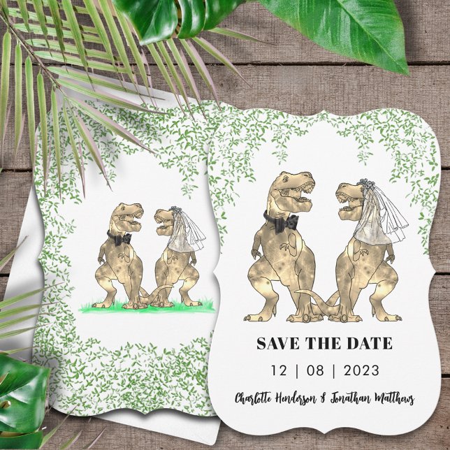 Save The Date Dinosaur Mariage T-Rex Mariée et Salle de classe (Dinosaur wedding save the date invitation with T-Rex bride & groom Jurassic jungle foliage )