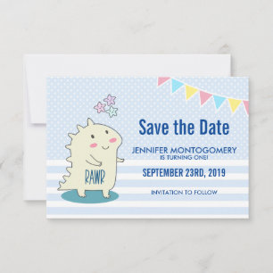 Save The Date Dinosaure jaune mignon avec des étoiles joyeux Ann
