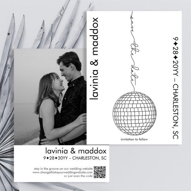 Save The Date Disco moderne noir et blanc Photo QR Code Mariage (Modern elegant disco wedding save the date in black and white with your photo and wedding website QR)