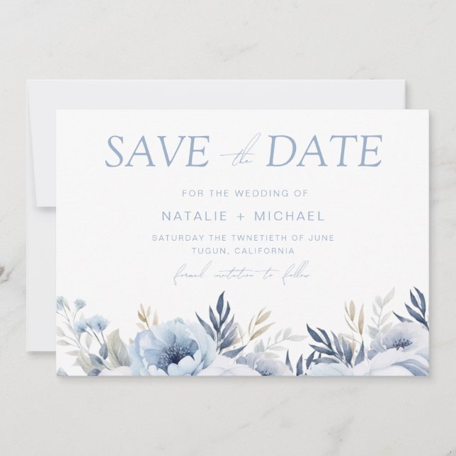 Save The Date Divine Dusty Blue Floral Mariage (Devant)