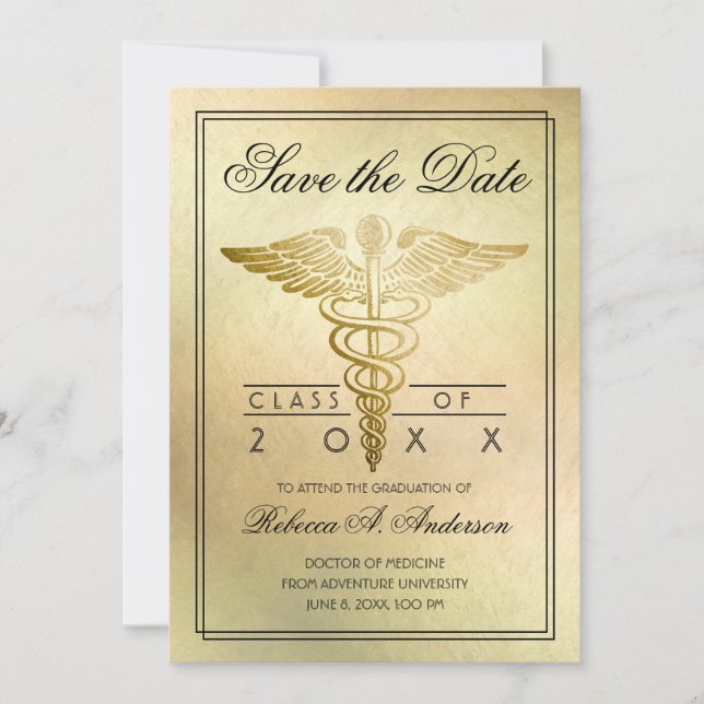 Save The Date Docteur de graduation Caduceus Gold Elegant (Devant)