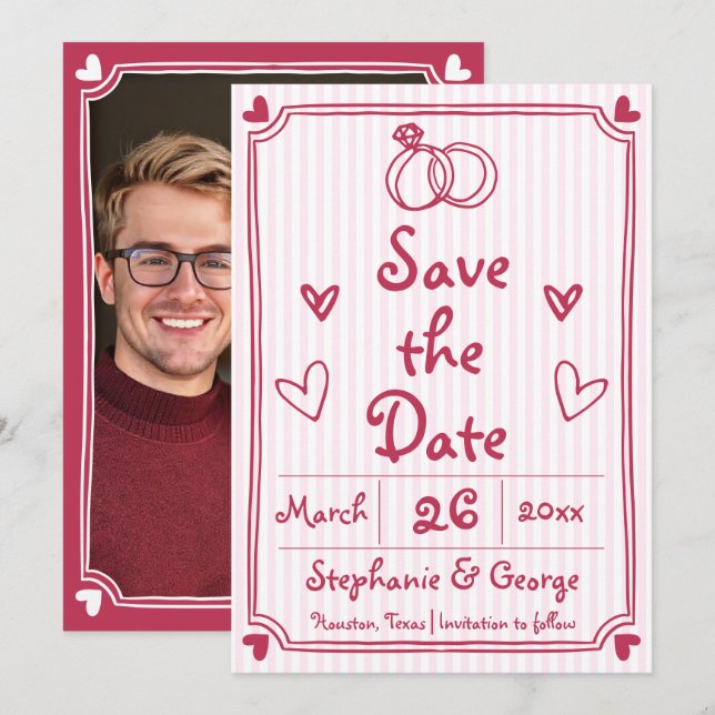 Save The Date Doodle à gribouillis rose dessiné à la main photo  (Devant / Derrière)