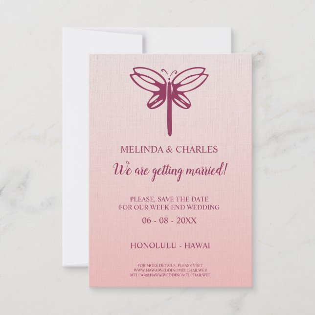 Save The Date Dragonfly Logo in Burgundy on Gradient for Wedding (Devant)