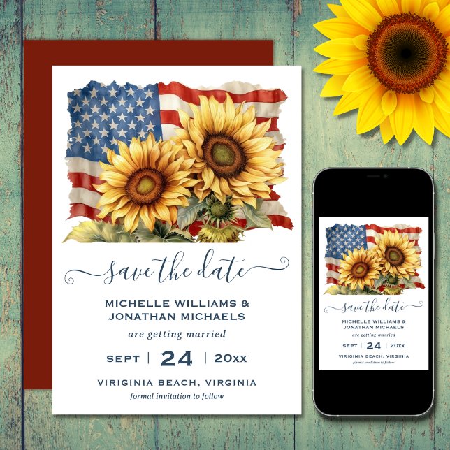 Save The Date Drapeau américain patriotique Mariage de tournesol (Printed (front and back) and Digital Patriotic American Flag Sunflower Wedding Save The Date)