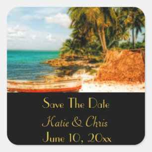 Save The Date  Dreamy Tropical Beach with Rowboat Square Sticker