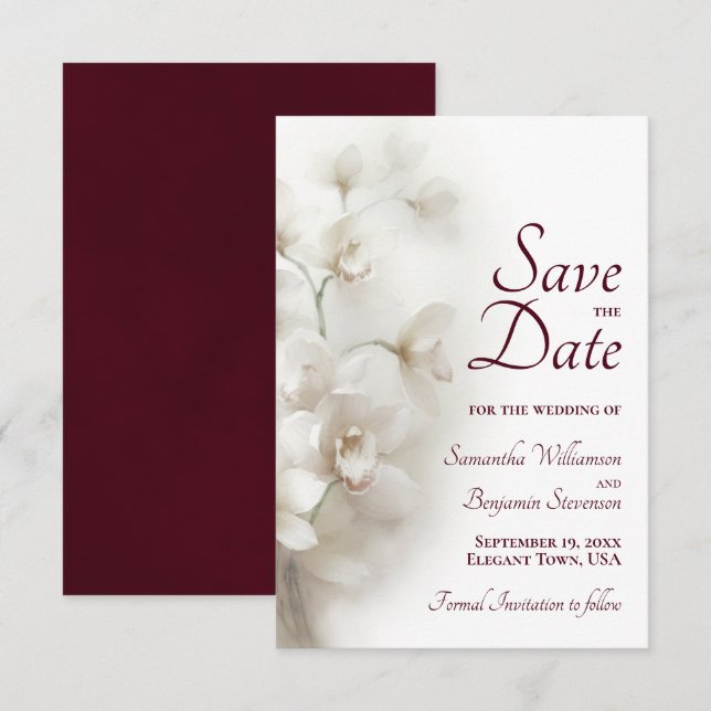 Save The Date Dreamy White Orchids Burgundy Text Mariage (Devant / Derrière)
