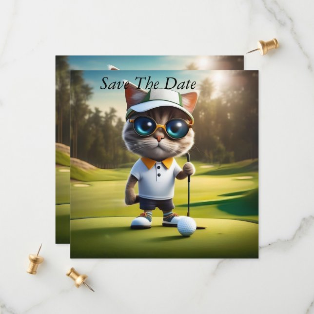 Save The Date Drôle Chat Golf Player, (Devant/Arrière en situation)