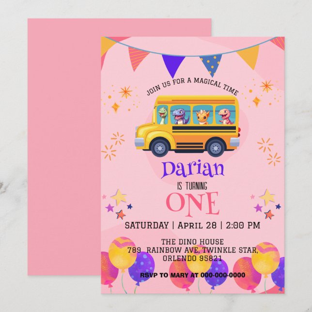 Save The Date Drôle dinosaure Retour À L'École Bus filles Annive (Devant / Derrière)